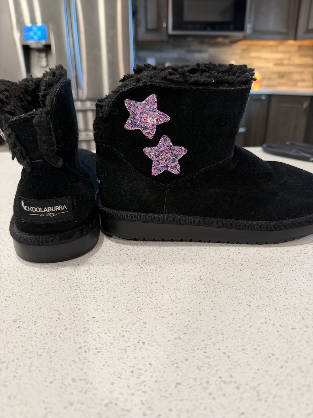 Koolaburra Kids Black Suede Boots with Pink Glitter Stars